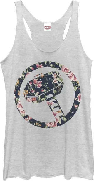 Women's Marvel Hammer Thor Floral Print Racerback Tank Top - White Heather - X Large