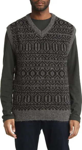 Hugo 6527 V-Neck Fair Isle Alpaca Blend Sweater Vest