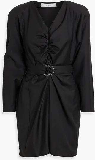 Baomi ruched belted wool-twill mini dress