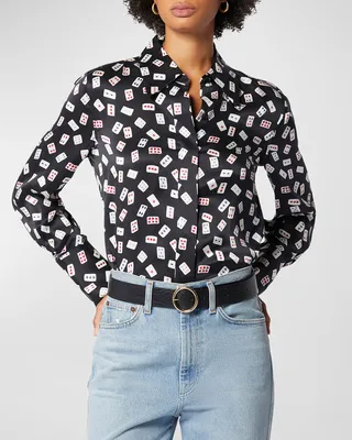 Annelie Card-Print Button-Down Satin Top