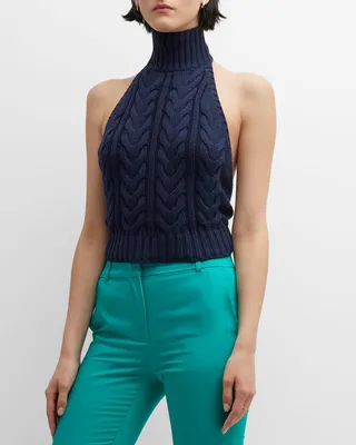 Stallo Turtleneck Open-Back Cable Knit Tank Top