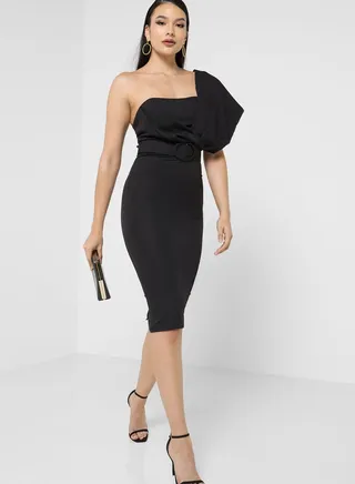 One Shoulder Belted Shift Dress