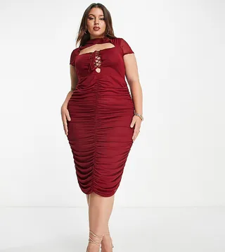 ASOS DESIGN Curve cut out lace up ruched mesh midi dress in plum