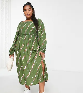 Simply Be shirred square neck midi floral dress with side slit in khaki