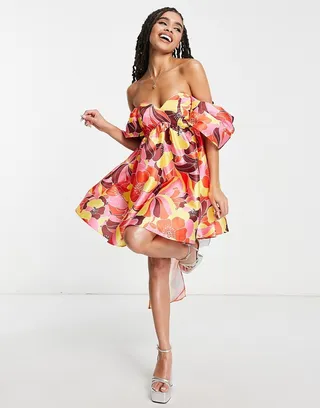 ASOS LUXE off shoulder baby doll mini dress in bright floral print