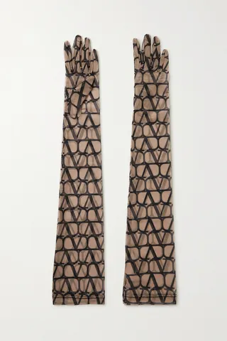 Valentino Garavani - Valentino Garavani Printed Tulle Gloves - Brown
