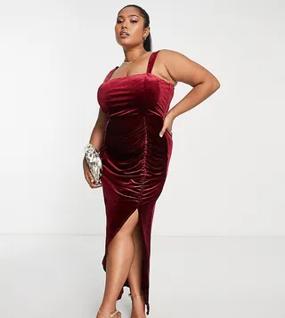 ASOS DESIGN Curve cami ruched skirt midi dress in wine velvet