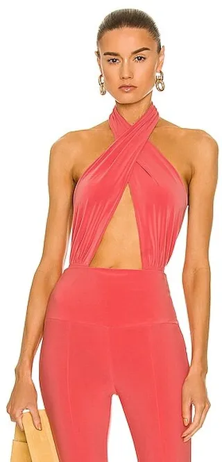Norma Kamali Cross Halter Bodysuit in Coral
