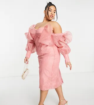 ASOS LUXE Curve wire bardot lace midi dress in pink