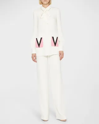 V-Logo Pockets Neck-Tie Silk Cady Blouse