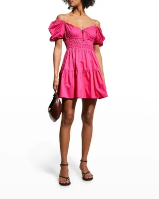 Abriolas Gathered Bodice Puff-Sleeve Mini Dress