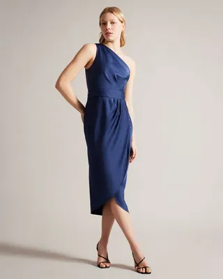 One Shoulder Drape Midi Dress in Dark Blue