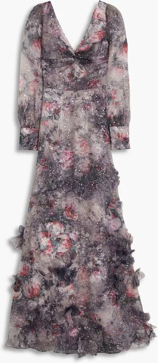 Twist-front floral-appliquéd printed organza gown