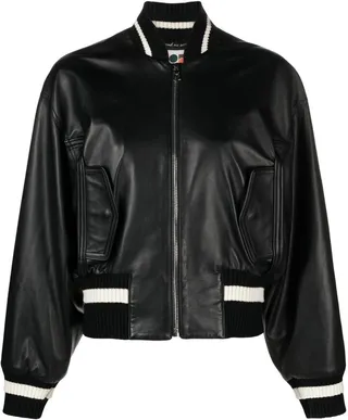 Stripe Trim Leather Bomber Jacket