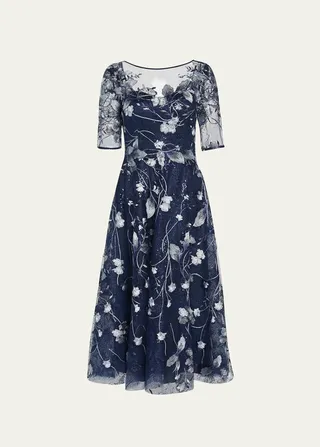 Floral-Embroidered Tulle Cocktail Dress
