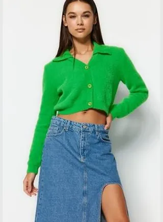 Green Super Crop Pile Polo Neck Knitwear Cardigan TWOAW24HI00041