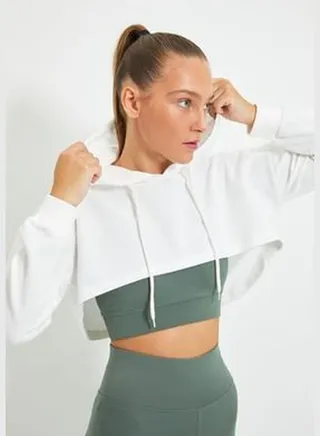 Ecru Super Crop Hoodie Sportswear Sweatshirt TWOAW22SW0638