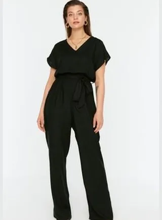 Black Belted Wide Leg, Woven Overalls TBBSS22TU0161
