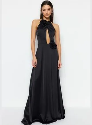 Black Satin Long Evening Dress with Open Waist/Skater Woven Accessory TPRSS23AE00037