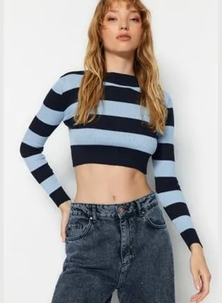 Dark Navy Striped Crop Cotton Knitwear Sweater TWOAW20KZ0255