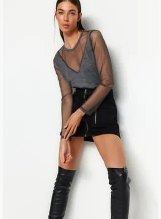Gray Transparent Sleeve Detailed Knitwear Sweater TWOAW24KZ00161