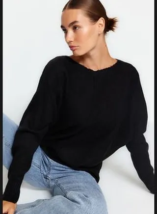 Black Ribbed Oversized Wool Knitwear Sweater TWOAW23KZ01614