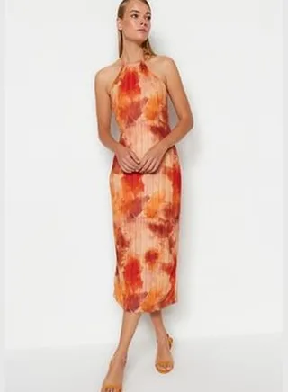 Orange Special Textured Midi Halterneck Knitted Fitted Dress