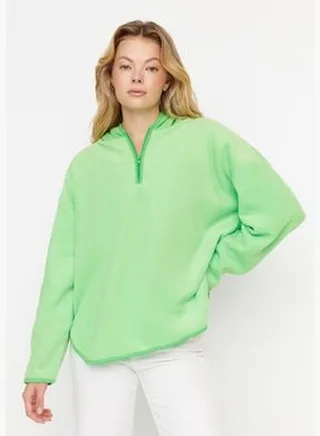 Green Thick Fleece Hooded and Zippered Oversized/Wide Knit Sweatshirt TWOAW22SW2063