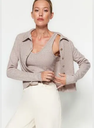 Beige Button Detailed Shirt Collar It's Soft Knitted 2-Pack Athletic Cardigan Set TWOAW24HI00375