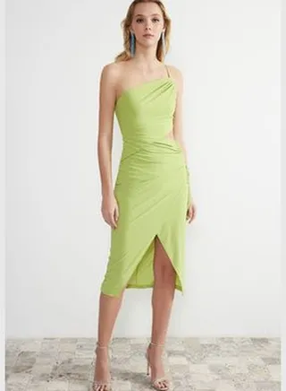 Light Green Wrap Knitted Window/Cut Out Detailed Dress