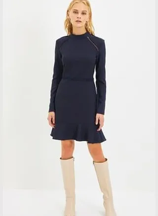 Navy Blue Lace Detailed Ruffle Dress TWOAW21EL1892