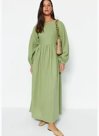 Khaki Belted Comfortable Fit Lined Muslin 100% Cotton Woven Dress TCTSS23EB00048