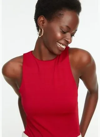 Burgundy Halter Collar Flexible Knitted Body With Snap Button