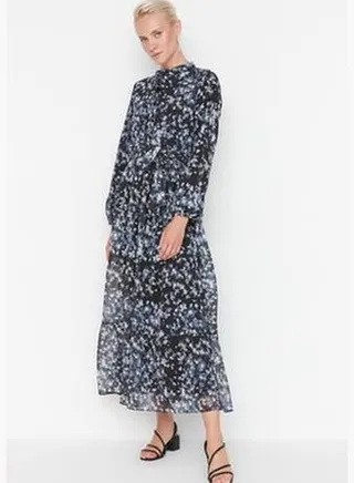 Black Floral Patterned Sash Detail Lined Chiffon Woven Dress TCTSS21EL3346