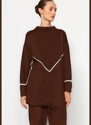 Brown Striped Striped Knitwear Top-Upper Set TCTAW24US00056