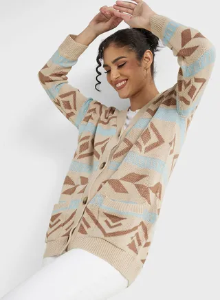 Aztec Print Intarsia Cardigan