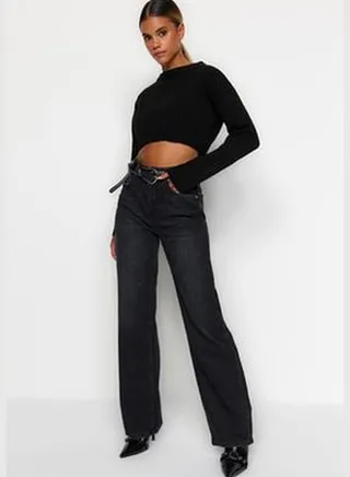 Black High Waist Wide Leg Jeans TWOAW24JE00073