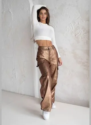 Limited Edition Bronze Wide Leg Shiny Printed Jeans TPRAW24JE00003
