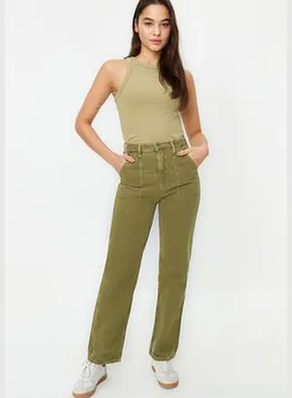 Khaki High Waist Wide Leg Jeans