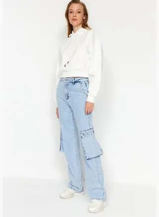 Blue High Waist Wide Leg Jeans with Cargo Pocket TWOAW24JE00101