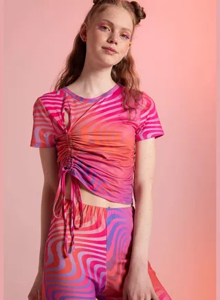 Fitted Short Sleeve Colour Block Ruched Crop Top