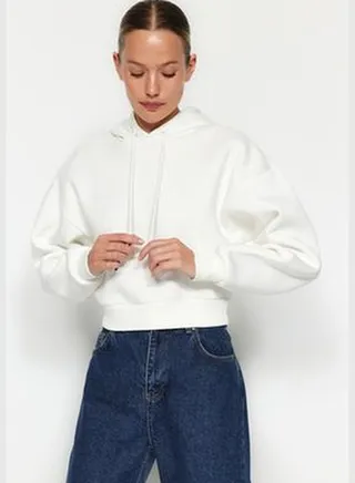 Thick Ecru, Fleece Inside, Hoodie. Relaxed-Cut Crop Basic Knitted Sweatshirt TWOAW24SW00105.