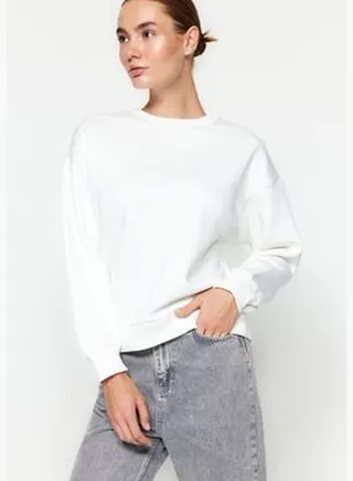 Thick Ecru with Fleece Inside Regular/Normal fit Crew Neck Basic Knitted Sweatshirt TWOAW24SW00101.