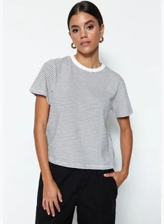 Black Ecru Striped Premium Basic Regular/Normal Fit Crew Neck Knitted T-Shirt TWOSS23TS00043