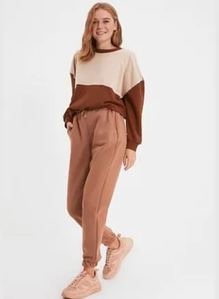 Light Brown Thick Basic Knitted Sweatpants With Fleece Inside TWOAW22EA0468