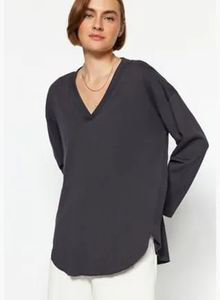 Anthracite Premium V-Neck Cotton Regular/Normal Fit Knitted Knitted T-Shirt TWOAW24TS00005