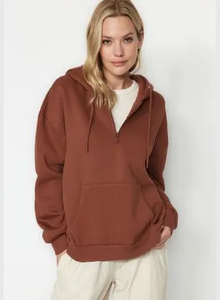 Brown Thick Fleece Hooded Zippered Basic Oversized Knitted Sweatshirt TWOAW24SW00144