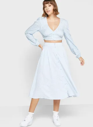 Button Detail Printed Skirt