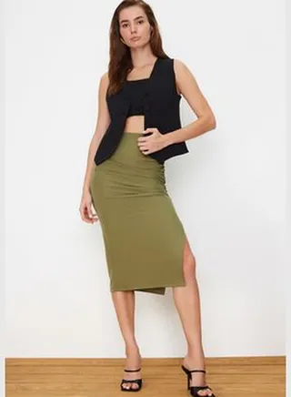 Light Khaki Gathered Slit Detail Midi Woven Skirt
