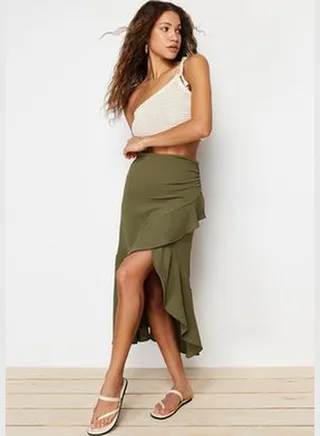 Khaki Flounce Double Breasted Closure Midi Length Woven Skirt